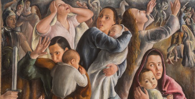 Rosario de Velasco. La matanza de los inocentes, hacia 1936. Óleo sobre lienzo. 164 x 167,5 cm. Museo de Bellas Artes de Valencia. © Rosario de Velasco, VEGAP, Madrid, 2024. © Foto: Museo de Bellas Artes de Valencia